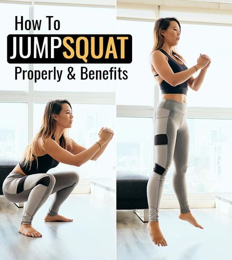 Jump squats are the power-packed HIIT version of squats. They are also known as squat jumps. This exercise works on your glutes, lower abs, and leg muscles. Jump Squats How To, Squat Jumps How To, Jump Squats Benefits, Jump Squats Workout, Squats Benefits, Jumping Squats, Brain Gym Exercises, Squat Exercise, Benefits Of Squats