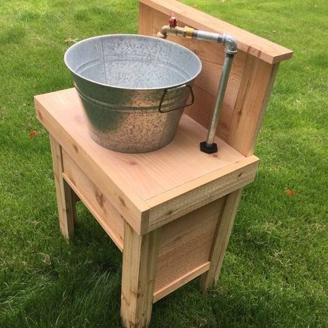 Garden/Outdoor sink - RYOBI Nation Projects Outdoor Hose Sink, Outdoor Sinks Station Backyards Rustic, Outdoor Sink From Water Hose, Diy Outdoor Sink Station Patio, Out Door Rustic Sink, Outdoor Garden Sink, Outside Sink, Outdoor Kitchen Sink, Bucket Sink