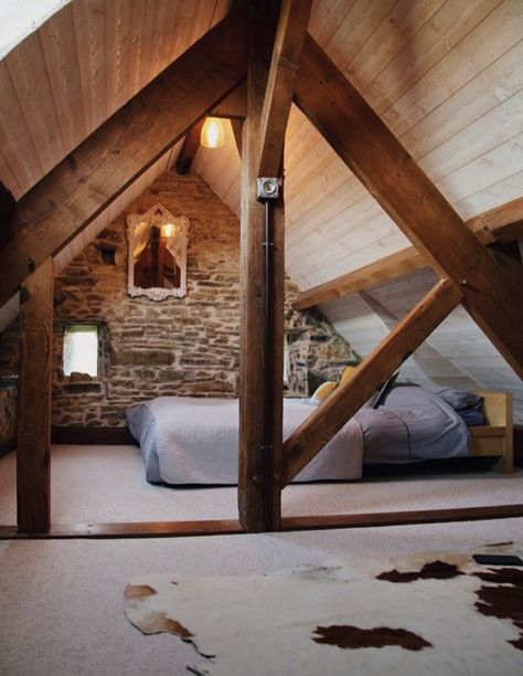 Loft Conversion Exposed Beams, Star Now, Cottage Tiny House, Garage Guest House, Attic Bedroom Designs, Attic Loft, Long House, Attic Conversion, A Frame House Plans