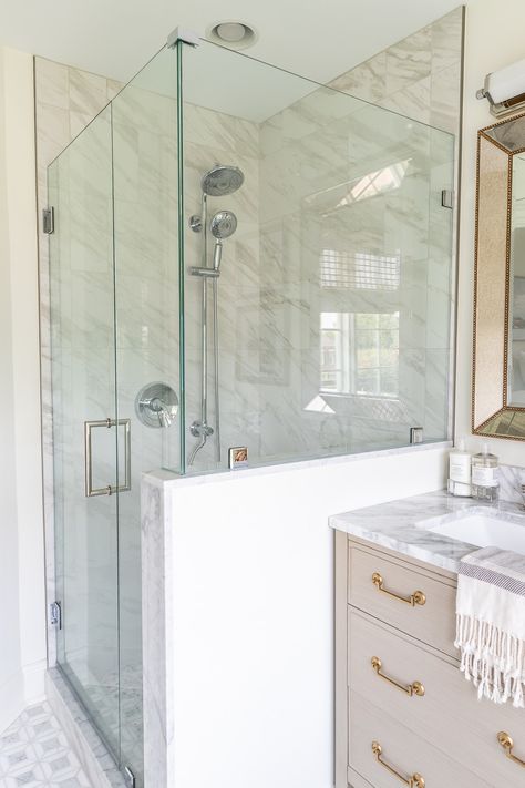 Glass Shower Wall, Carara Marble, Guest Bathroom Renovation, Shower Installation, Shower Cabin, Shower Niche, Large Format Tile, Gorgeous Bathroom, Downstairs Bathroom