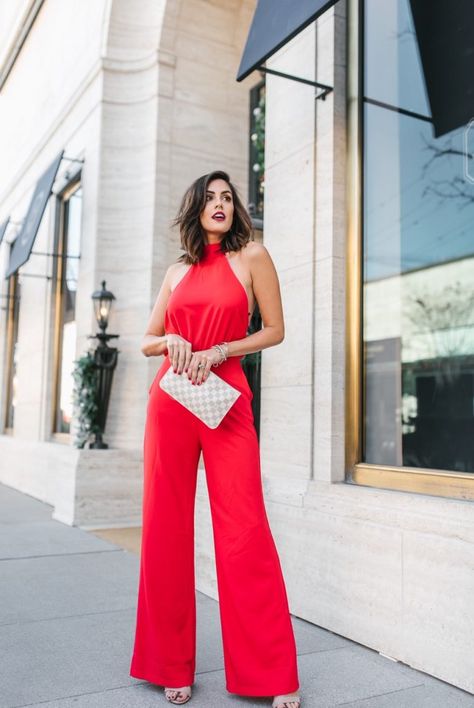 Luxury Red Jumpsuits And Rompers For Night Out, Red Jumpsuit Outfit Classy, Red Jumpsuit Outfit, Red Jumpsuits Outfit, Red Fitted Flirty Jumpsuit, Chic Red One-piece Jumpsuit Or Romper, Chic Red High-waisted Jumpsuits And Rompers, Red Halter Jumpsuit, Elegant Red Backless Jumpsuit/romper