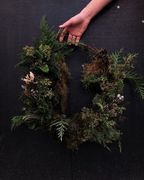 Mackie on Instagram: “Moody-ass swamp wreath” Goth Door Decor, Moody Fall Wreath, Moody Spring Decor, Moody Wreath, Front Door Plants, Green Front Doors, Moody Decor, Black Wreath, Decorating Party