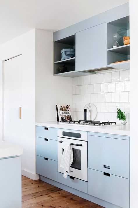 Cabinetry Two-pack polyurethane in Dulux Blue Balm. Benchtops Caesarstone in Raw Concrete. Modern Kitchen Blue, Modern Blue Kitchen, Dulux Blue, White Galley Kitchen, Blue Kitchen Designs, Weatherboard House, Kitchen Blue, Galley Kitchens, Blue Kitchen Cabinets