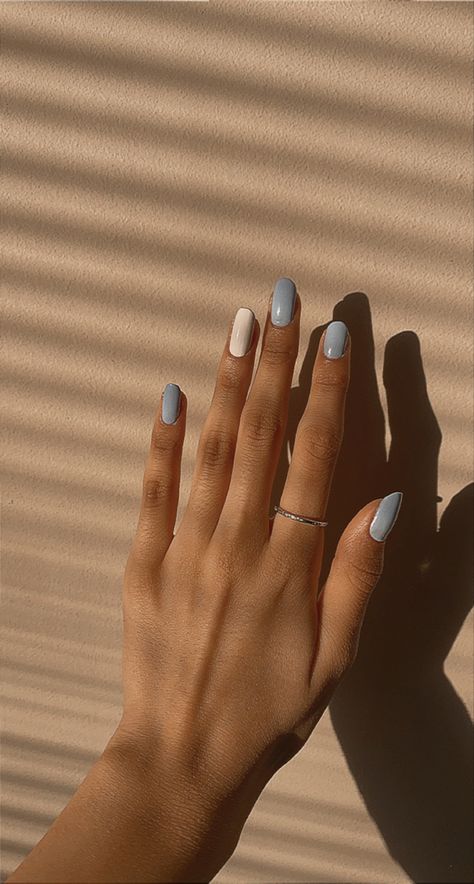 Simple Blue nails with white ring finger 🤍🦋 White And Blue Simple Nails, White And Light Blue Nails Simple, Confirmation Nails Short, Blue And White Nail Inspo Short, Blue And White Nail Ideas Simple, Blue And White Simple Nails, Light Blue And White Nail Ideas, Simple White And Blue Nails, Beachy Nail Designs For Short Nails