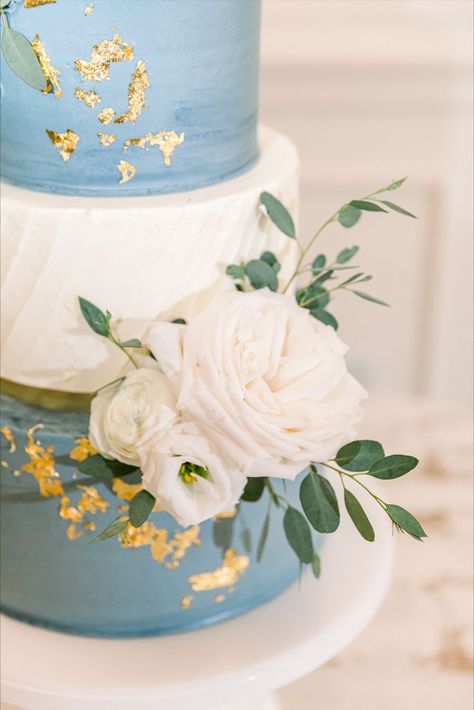 Romantic dusty blue and white wedding cake with gold foil Wedding Cake With Gold Foil, White Wedding Cake With Gold, Dusty Blue And White Wedding, Blue And White Wedding Cake, Wedding Cake With Gold, Sea Glass Wedding, Blue Wedding Cake, Cake With Gold, 50th Anniversary Decorations