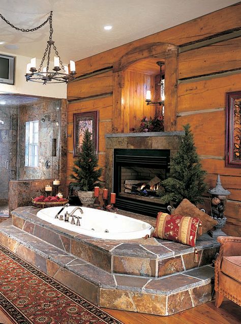 Master Bath Fireplace! Ideas Baños, Rustic Retreat, Log Cabin Homes, In The Corner, Dream Bathrooms, Dream Bathroom, Cabin Homes, Dream Rooms, Counter Top