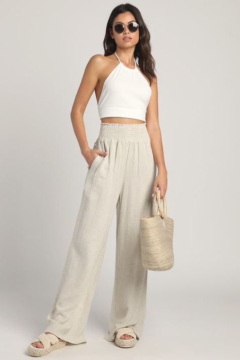 Hit the Breeze Beige Smocked Wide-Leg Pants Linen Pants Outfit Summer, Beige Linen Pants, Essential Pants, Linen Pants Outfit, Summer Pants Outfits, Europe Outfits, White Linen Pants, Lulu Fashion, Beige Pants