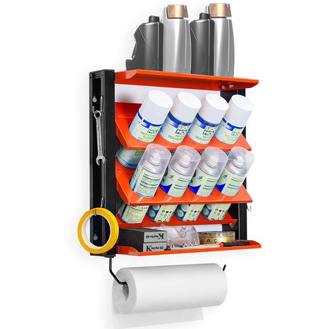 PRICES MAY VARY. The wall-mounted spray bottle organizer is made of steel with durable powder coated finish for lasting durability. Ultrawall spray paint storage holder fits most paint and lubricant aerosol spray cans. It has 8 slots, 2 layers can put spray bottle, and 1 paper towel holder. Wall-mounted Lube can storage rack is convenient and space saving, let you garage looks more neat and comfortable. keep track of your spray can so they don’t get hidden on shelves, roll under vehicles or acci Spray Paint Storage, Wall Mount Shelf, Garage Storage Racks, Garden Tool Organization, Steel Garage, Garage Storage Systems, Towel Organization, Spray Paint Cans, Paint Storage