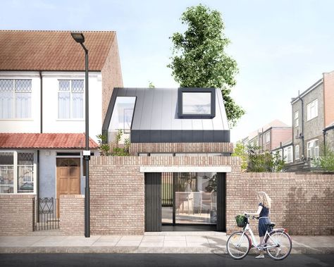 Front street view of small modern house design in London with girl walking bike on pavement in front of house Sunken House, Infill House, Uk Architecture, Architecture Render, End Terrace House, Hidden House, 70s House, Side Extension, Unusual Buildings