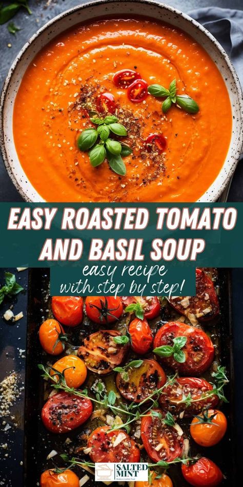 Roasted Tomato Soup: Enjoy fresh tomato soup with basil, garlic, onion, and herbs. This easy, creamy, and comforting recipe uses fresh tomatoes. Perfect to make ahead and freeze for later. Roasted Tomato Basil Soup With Grilled Cheese Croutons, High Protein Tomato Basil Soup, Tomato Bisque Soup Dairy Free, Roasted Vegetable Tomato Soup, Best Tomato Basil Soup Recipe, Viral Tomato Soup, Roasted Veggie Tomato Soup, Easy Recipes With Tomatoes, Healthy Tomato Soup Recipes