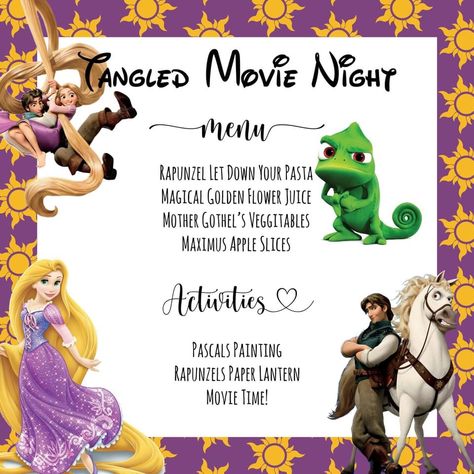 Tangled Menu Ideas, Disney Movie Party Ideas, Disney Dinner Recipes From Movies, Disney Movie Night Dinner Tangled, Disney Dinner Ideas Movie Nights, Disney Diner And Movie, Tangled Dinner And A Movie, Disney Dinner Menu Ideas, Disney Dinners And Movies