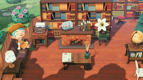 Coffee Shop Library - Animal Crossing: New Horizons Acnh Bookstore Design, Acnh Book Store Design, Bookstore Animal Crossing, Animal Crossing Book Store, Acnh Book Store, Evermore Book, Animal Crossing Cafe, Bookstore Design, Ac Ideas