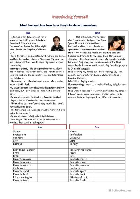 Introducing yourself - English ESL Worksheets for distance learning and physical classrooms English Conversation Worksheets, English Printables, Live Worksheet, Teacher Introduction Letter, Education Tattoos, Speaking Activities English, Tattoos Architecture, Introducing Myself, English Conversation Learning