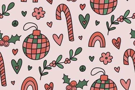 Groovy Christmas Background, Hand Drawn Doodles, Groovy Christmas, Christmas Seamless Pattern, Christmas Doodles, 70s Hippie, Holly Berry, Pattern Background, Retro 70s