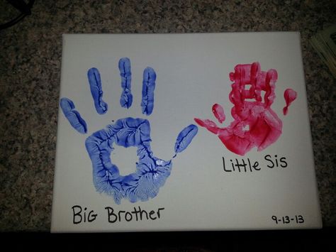 Sibling craft Sibling Painting Canvases, Brother Sister Painting Canvases, Brother And Sister Handprint Art, Brother And Sister Painting Ideas, Sibling Canvas Painting Ideas, Sibling Crafts, Baby Art Activities, Handprint Painting, New Baby Crafts