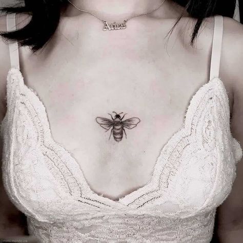 Chest Bee Tattoo, The Starless Sea Tattoo, Chest Tattoo Female Upper, Queen Bee Tattoo, Small Bee Tattoo, Bee Tattoos, Honeycomb Tattoo, Bumble Bee Tattoo, Small Chest Tattoos