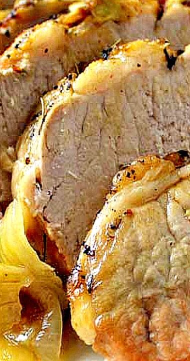 Garlic Herb Pork Roast and Creamy White Wine Gravy Herb Pork Roast, White Wine Gravy, Yummy Pork Recipes, Pork Tenderloin With Apples, Apples And Onions, Wine Gravy, Mustard Pork Tenderloin, Apple Pork Tenderloin, Cooking Pork Tenderloin