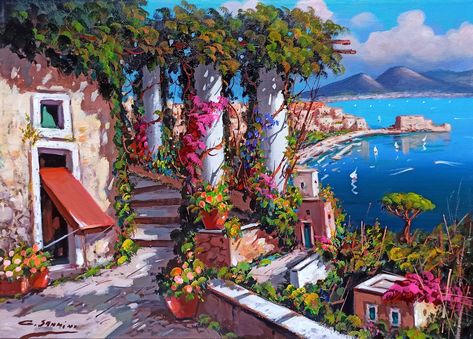 Positano Painting, Italian Paintings, Italy Painting, Impressionist Landscape, Italian Painters, Southern Italy, Impressionist Paintings, Window Painting, Beginner Painting