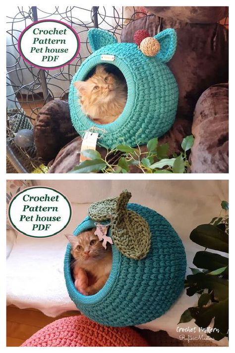 3D Cat House Free Crochet Patterns Catpod Crochet Pattern, Cat Pod Crochet, Crocheted Cat Pod Free Pattern, Crochet Cat Cave Pattern, Crochet Cat Projects, Crochet Cat Hanging Basket, Crochet Cat Tunnel Pattern Free, Crochet Cat Nest Free Pattern, Crochet Cat Hammock Pattern Free