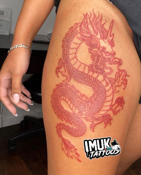 Dragon Tattoo With Flowers, Chinese Writing Tattoos, Ink Tattoo Girl, Dragon Thigh Tattoo, Tattoo Art Design, Swirl Tattoo, Red Dragon Tattoo, Dragon Tattoo Art, Hip Thigh Tattoos