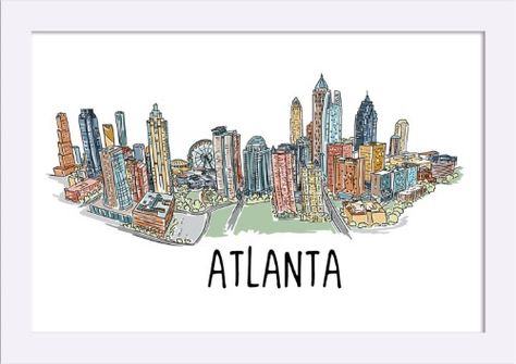 Atlanta, Georgia - Line Drawing - Lantern Press Artwork (18x12 Giclee Art Print, Gallery Framed, White Wood), Multi