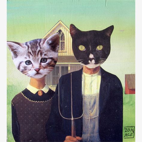 Zoa Ace | Abend Gallery American Gothic Parody, Grant Wood, Custom Pet Art, Odd Couples, Loyal Dogs, American Gothic, Art Parody, Famous Paintings, Cat Posters