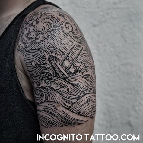 Ship in the seas by @incognitotattoo #lineworktattoo #dotwork #blackandwhite #engravingtattoo #tattoo #losangeles #incognitotattoo Sinking Ship Tattoo, Wave Tattoo Sleeve, Ship Tattoo Sleeves, Wave Tattoo Design, Woodcut Tattoo, Sinking Ship, Quarter Sleeve Tattoos, Engraving Tattoo, Dibujos Tattoo