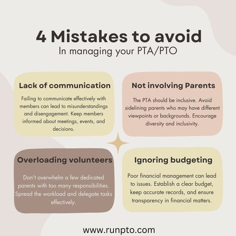 Managing a Parent-Teacher Association (PTA) can be rewarding but comes with its challenges. Above are some common mistakes to avoid Follow Us to keep learning more! Choose RunPTO choose excellence #runpto #PTA #PTO #boosterclub #PTAcommunity #scholmanagement #PTAtech Parent Teacher Association, Lack Of Communication, Keep Learning, Parent Teacher, Parenting Fail, Teacher Organization, Parents As Teachers, Financial Management, Effective Communication