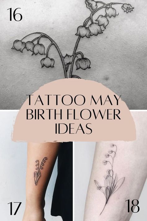 May Birth Flower Tattoo Ideas {Lily of the Valley} - TattooGlee Birth Flower May Tattoo, May Birth Flower Tattoo With Name, May Birth Tattoo Ideas, May Birth Month Flower Tattoo, May Birth Flowers Tattoo, Lily Of The Valley And Larkspur Tattoo, May Flower Tattoo Ideas, Birth Flower Tattoos May, Small Lily Of The Valley Tattoo