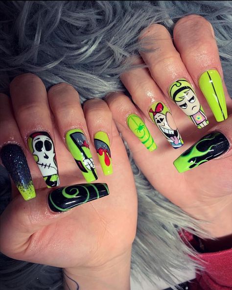 Beavis And Butthead Nails, Grim Adventures Of Billy And Mandy Nails, Billy And Mandy Nails, Pikachu Nails, Spongebob Nails, Halloween Acrylic Nails, Punk Nails, Anime Nails, Edgy Nails