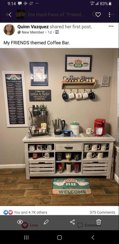 Friends coffee bar Friends Theme Coffee Shop, Coffee Bar Ideas Friends Theme, Friends Kitchen Decor, Friends Themed House, Friends Themed Coffee Station, Central Perk Themed Coffee Bar, Central Perk Coffee Bar Ideas, Friends Themed Kitchen Decor, Friends Coffee Bar Ideas