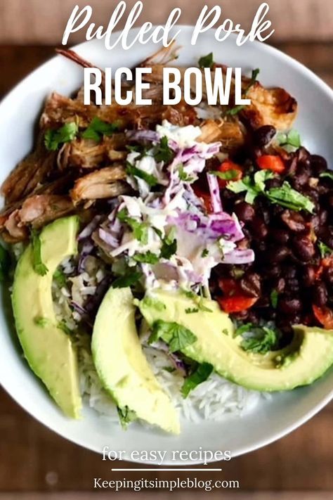 Bbq Pulled Pork Rice Bowl, Pulled Pork Rice Bowl, Pulled Pork Bowls, Pulled Pork Bowl, Pork Rice Bowl Recipe, Nourishing Bowls, Pork Bowl Recipe, Healthy Pulled Pork, Pulled Pork Dinner