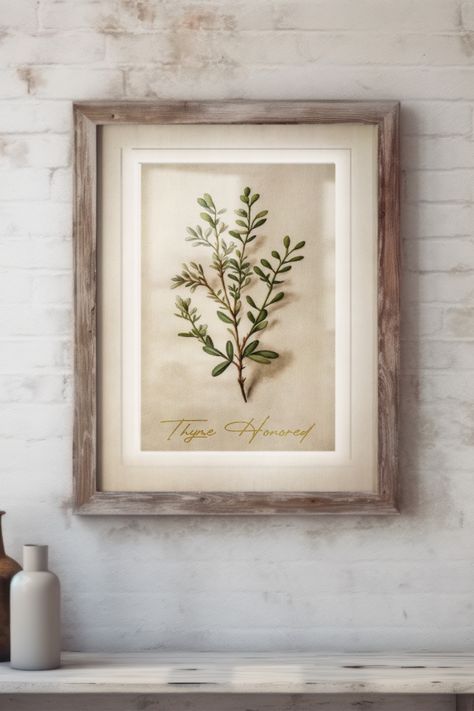 Thyme Honored, an alluring Thyme print showcasing a meticulously crafted illustration that underscores the aromatic charm and culinary significance of this versatile herb, ideal for elevating kitchen or dining space decor. 🌿🍃 Thyme Sprig, Herb Kitchen, Herbal Kitchen, Kitchen Printables, Herb Prints, Diy Vintage Decor, Dried Thyme, Vintage Diy, Minimalist Kitchen