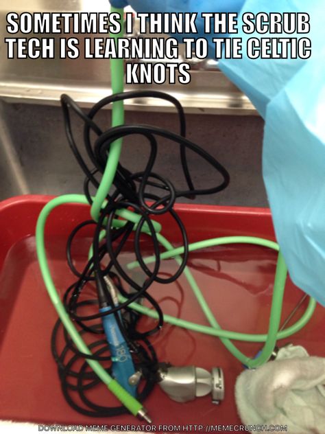 I actually had already detangled one cord out before taking the pic. Sterile Processing Tech Humor, Sterile Processing Week, Surgical Technologist Humor, Perioperative Nurses Week, Sterile Processing Tech, Theatre Nurse, Surgery Humor, Surg Tech, Sterile Processing