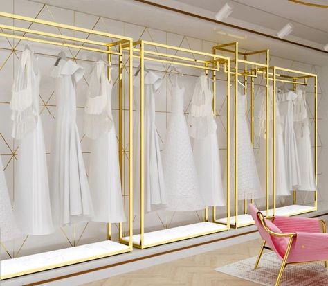 golden wedding dress display ideas, retail wedding dress display stand wholesale Store Wall Display, Dress Display Stand, Bridal Shop Interior, Bridal Shop Decor, Wedding Dress Display, Bridal Boutique Interior, Fashion Store Design, Wall Hanging Shelf, Clothing Store Interior