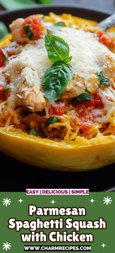 Parmesan Spaghetti Squash with Chicken Chicken Spaghetti With Spaghetti Squash, Spaghetti With Spaghetti Squash, Chicken Parm Spaghetti, Chicken Parm Spaghetti Squash, Spaghetti Squash With Chicken, Parmesan Spaghetti Squash, Parmesan Spaghetti, Chicken Garlic, Creamy Parmesan Sauce