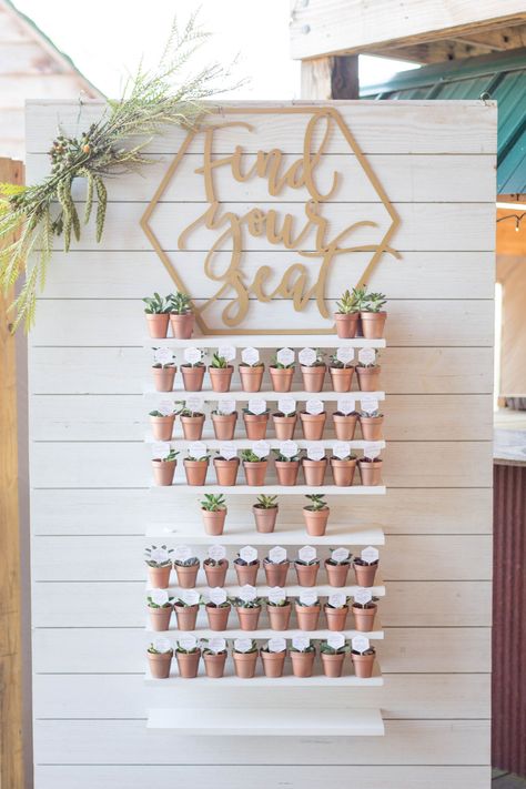 Are you looking to make your seating chart fun and unique?  Nicole Smith with Vision Events in North Carolina created this amazing combination of seating chart and wedding favors using our white shiplap backdrop with shelves.  Each succulent included the guest name and table number to help them find their seat. What a perfect example of incorporating the newest bohemian wedding trend into your wedding.   Specialty Rentals:@greenhousepickersisters Photographer: Bryan Gross Photography Seating Chart With Favors, Party Favor Seating Chart, Clothes Pin Seating Chart Wedding, Seating Chart Favors, Wedding Favor Seating Chart, Wedding Favor Table Display, Unique Seating Charts, Plant Seating Chart, Backdrop With Shelves