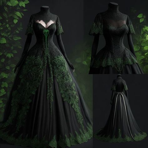 Green And Black Wedding Dress, Green Goth Dress, Green And Black Gown, Emo Wedding Dresses, Green Fantasy Dress, 15th Century Dress, Fae Ball, Fantasy Dress Aesthetic, Gothic Ball Gown