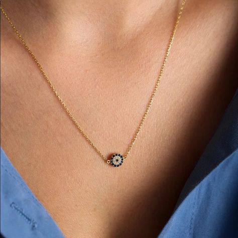 14k Solid Gold Evil Eye Necklace Gold Evil Eye Necklace, Evil Eye Necklace Gold, Dainty Chain, Blue Evil Eye, Evil Eye Charm, Evil Eye Necklace, Eye Necklace, Shop Necklaces, Evil Eye