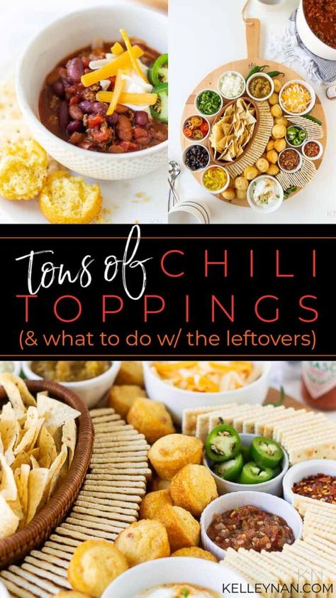 Chili Toppings, Easy Chili Recipe, Chili Board & Recipe- Kelley Nan Chili Toppings Bar Ideas, Chili Toppings Bar, Chilli Toppings, Chili Board, Chili Bar Party, Fall Chili, Chili Party, Chili Bar, Toppings Bar