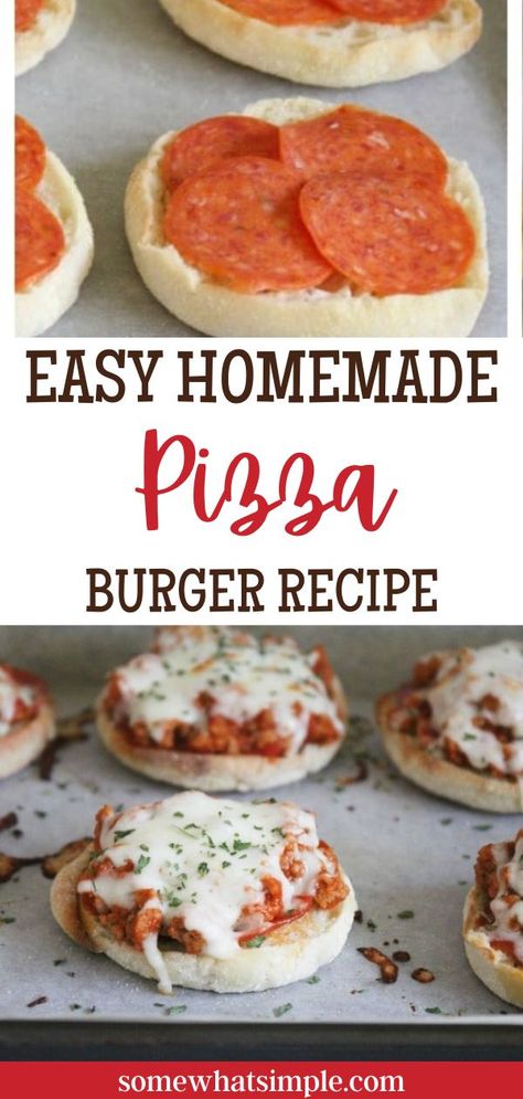 Easy Pizza Burgers, Pizzaburger Recipe, Pizza Burgers Ground Beef, Classic Dinner Recipes, Pizza Burger Recipe, Pizza Burgers Recipe, Non Sandwich Lunches, Pizza Burger, Easy Homemade Pizza