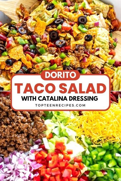 Salad For Potluck, Recipe With Doritos, Taco Salad With Catalina Dressing, Taco Salad Shells, Dorito Taco Salad, Dorito Taco, Easy Taco Salad Recipe, Catalina Dressing, Taco Salad Doritos