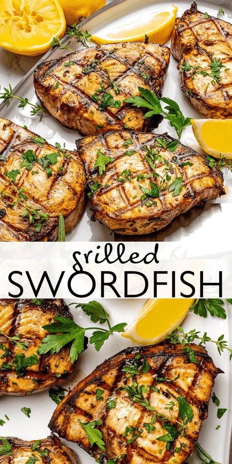 Grilled Swordfish is my favorite way to enjoy a nutritious, quick summer dinner that the whole family will love. This delicious swordfish steak features an easy marinade with lemon and herbs, and we cook it to a tender and juicy perfection in about 10 minutes! Mushroom Bruschetta Recipe, Grilled Swordfish Steaks, Swordfish Steak Recipe, Swordfish Steak, Grilled Swordfish, Swordfish Recipes, Fish Dinner Recipes, Seafood Entrees, Shellfish Recipes