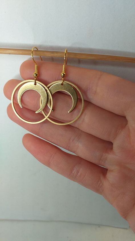 Gold Moon Earrings, Wiccan Earrings, October Jewelry, Phases Of The Moon, Boho Jewellery, Gold Moon, Paper Gift Bags, Moon Earrings, Brass Earrings