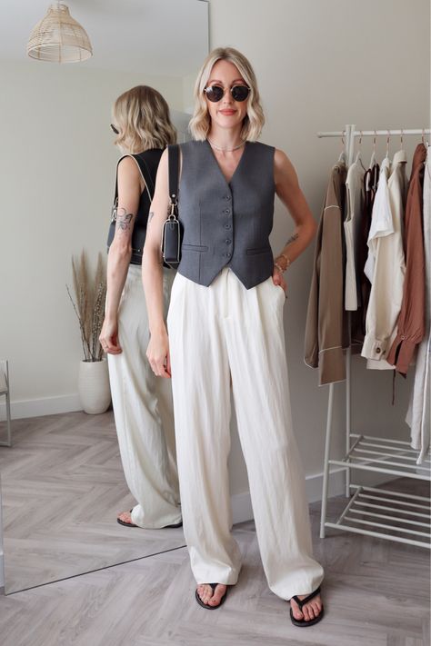 Waistcoat Outfit Ideas For Women, Womens Waistcoat Outfit, White Trousers Outfit Casual, Grey Vest Outfit Women, Women Waistcoat Outfit, White Waistcoat Outfit, Grey Vest Outfit, Waistcoat Outfit Women, Ootd Moodboard