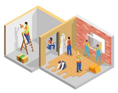 Free Vector | Construction workers isometric composition with builders renovating the flat vector illustration Construction Design Graphic, Renovation Illustration, Posters Layout, Graphic Design Posters Layout, Architectural Illustration, Grunge Posters, Construction Workers, Architecture Collage, Flat Vector Illustration