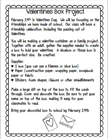 Valentines Box Project- Free Parent Letter February Newsletter Ideas, Kindergarten February, February Activities, February Classroom, Kindergarten Valentines, Valentines Letter, February Ideas, Valentines Box, Teaching Holidays