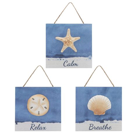 PRICES MAY VARY. 🌊NAUTICAL SHELL ART: This 3 piece ocean themed room decor with nice muted colors, elegant looking, which will take you back to the beach and bring seaside vacation feeling. 🌊3D TEXTURED SEASHELL: It’s 3D shells on wood and not just a printed canvas, more realistic. Hand painted on the model of starfish shell and sea urchin for that relaxing beach cottage vibe. 🌊WALL HANGINGS: Wooden plaques 5” x 5” x 0.3” each, with durable hemp rope, easy to hang. Peaceful blue and white bac Relax Word, Ocean Themed Bathroom Decor, Ocean Themed Bathroom, Ocean Themed Rooms, Diy Beach Decor, Bedroom Blue, Themed Bathroom, Summer Wall Art, Rustic Coastal