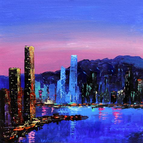 Hong Kong city at night Painting in Acrylics with palette knife / Hong Kong / Cityscape Abstract Painting / Acrylic tutorial painting easy. City At Night Painting Easy, City Painting Acrylic Easy, City Painting Easy, Levi Painting, City At Night Painting, Hong Kong Painting, Cityscape Paintings, Skyline Drawing, Hong Kong City