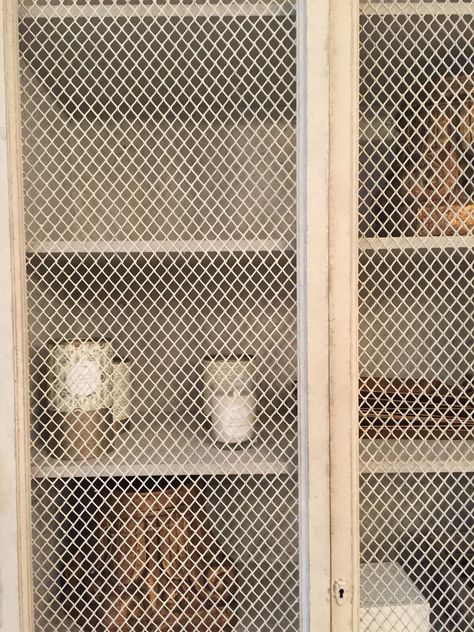 Mesh/chicken wire kitchen cupboard Chicken Wire Kitchen, Wire Wine Rack, Greenhouse Kitchen, Inside Kitchen, Chicken Fence, Glass Cabinet Door, Larder Cupboard, Kitchen Cupboard Doors, Furniture Flip